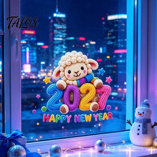 Removable Holiday Stickers Chinese New Year Window Stickers, 2027 Goat Static Clings, Reusable Easy Apply Film Crochet Knit Lamb Decor for Home