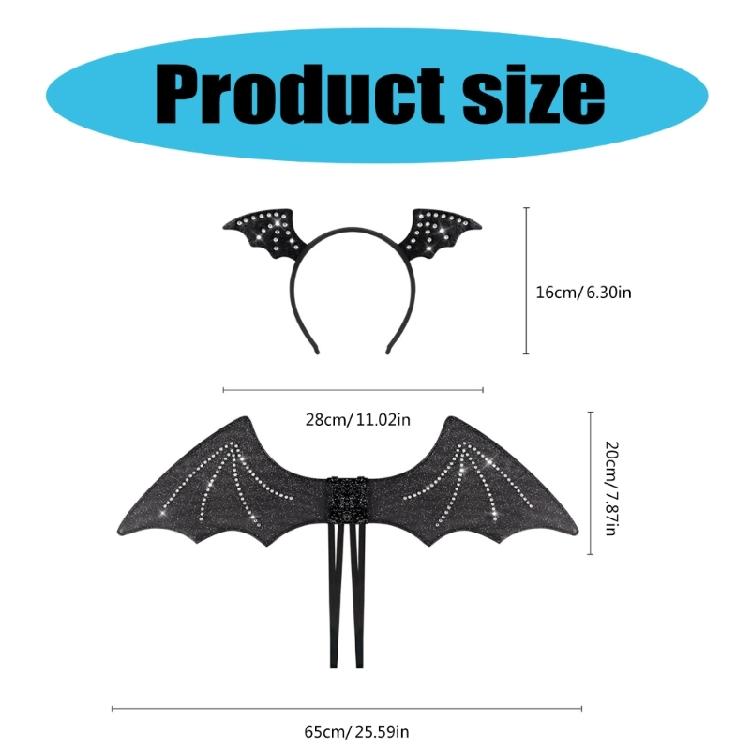 Bat Wing with Headwear Set Black Wing Bats Ears Headband Adults Halloween Wing Vampires Costume Wing