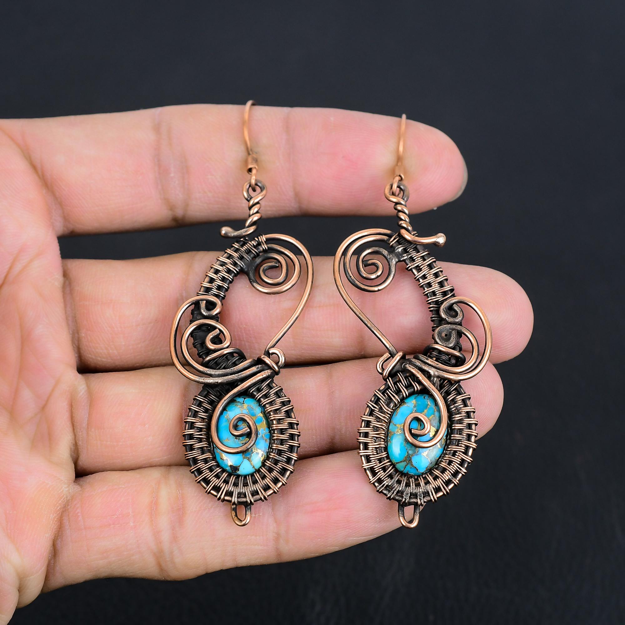 

Серьги из голубой медной бирюзы ручной работы, обернутые медной проволокой 999 пробы, антикварные украшения, для подарка на помолвку 3.007 Inches