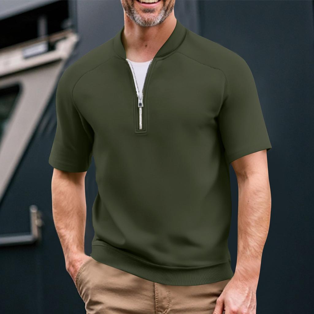 Men's Summer Solid Color Casual T-shirt Sports Breathable Zipper Collar Top