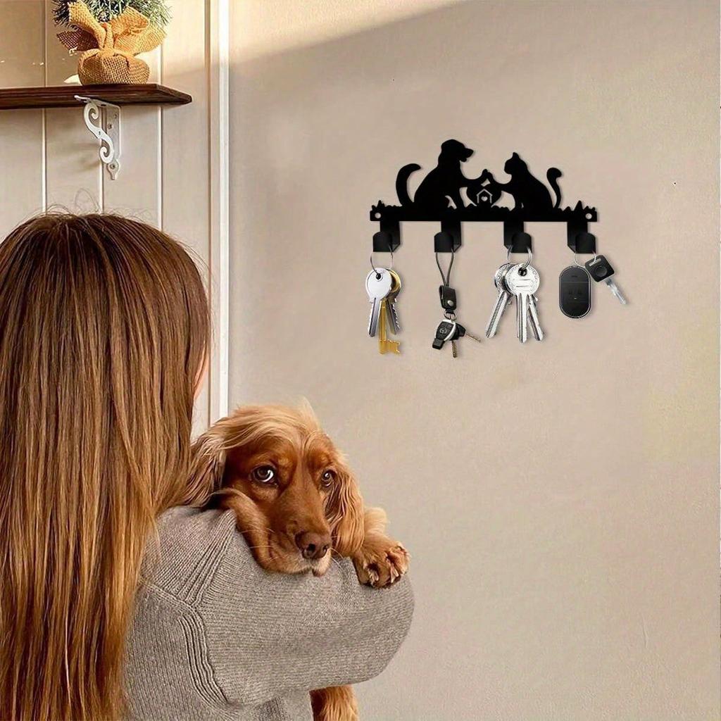 Pet Silhouette Key Holder Metal Wall Art Black Frame Boho Farmhouse Decor Gift for Pet Lovers