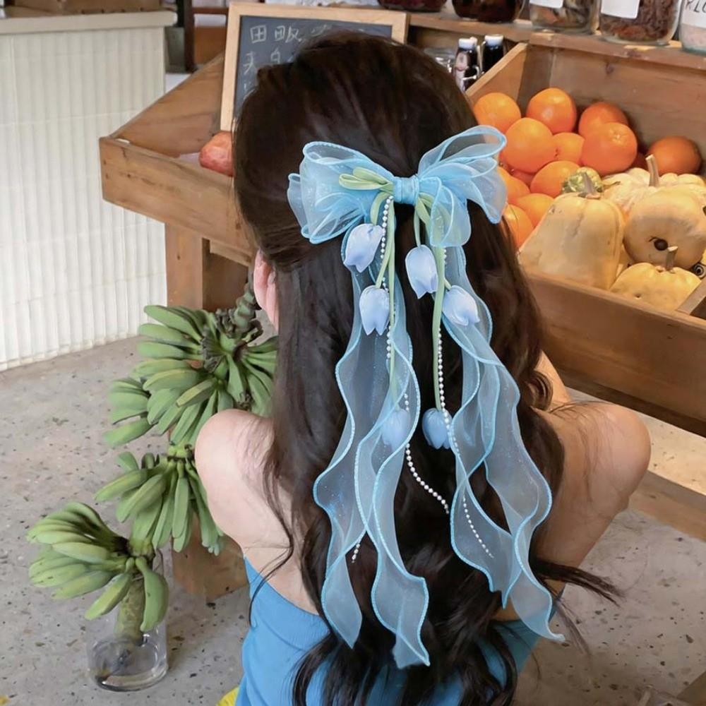 Pendant Tassel Muguet Flower Hairpin Mesh Ribbon Organza Bowknot Barrette Bridesmaids