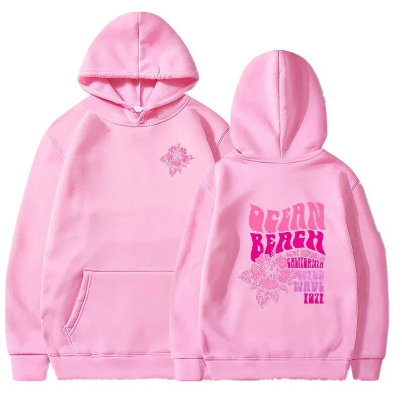 Women Fashion Casual Hoodies Ocean Beach Flower Slogan Front Back Pink Sweatshirts Beach Aesthetic Pullover Hoodie Trip Tops