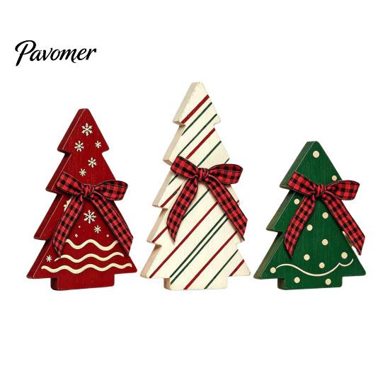 Vintage Country Style Home Accents 3Pcs Wooden Christmas Tree Ornaments with Plaid and Hemp Rope Bow, Rustic Farmhouse Small Figurines Polka Dot Xmas