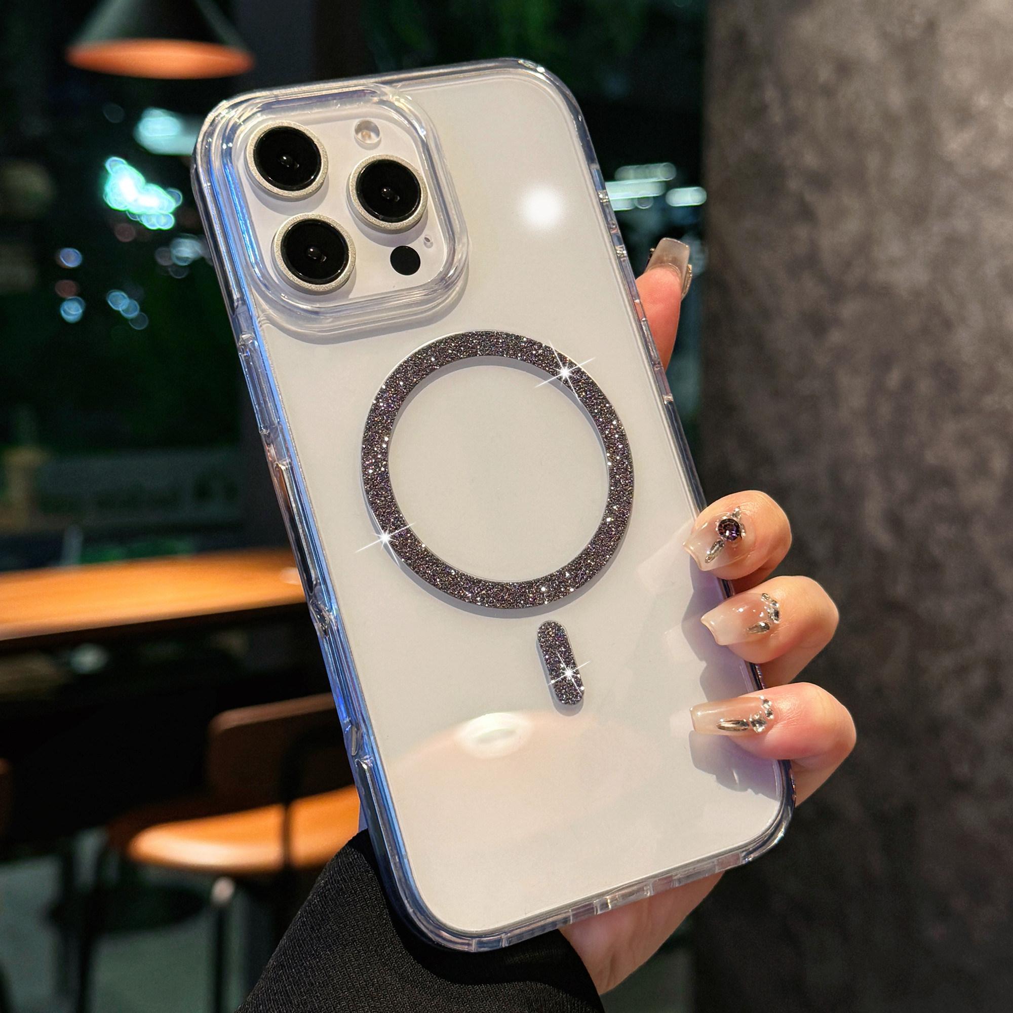 

For iPhone 16 Pro Max Case Compatible with MagSafe Glitter Ring TPU+Acrylic Clear Phone Cover Airbag Protection Black