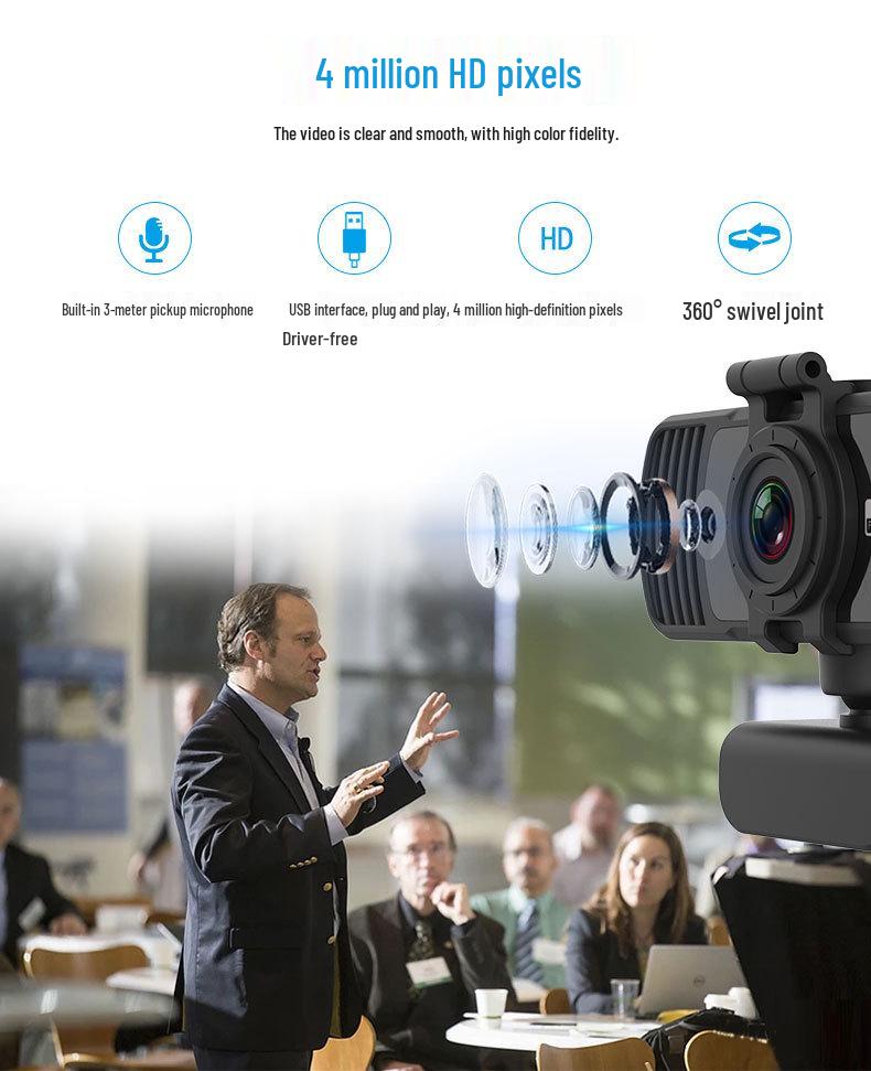 2K HD 1080p Webcam with Built-in Microphone, 4MP, Driver-Free for Live Streaming