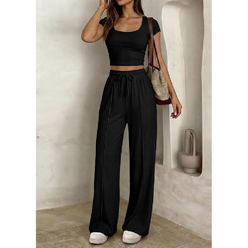 2026 Spring/Summer New Women's Casual Slim-Fit Two-Piece Set with Short Sleeves and Long Pants for Commuting