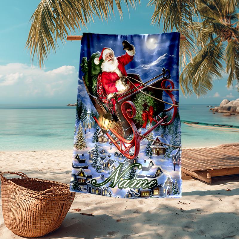 Custom Name Ultra-Soft Beach Towel with Christmas Santa Claus Theme,Ideal for Pool - Camping, Diving - Perfect Travel Essential, Vibrant Beach Towel.