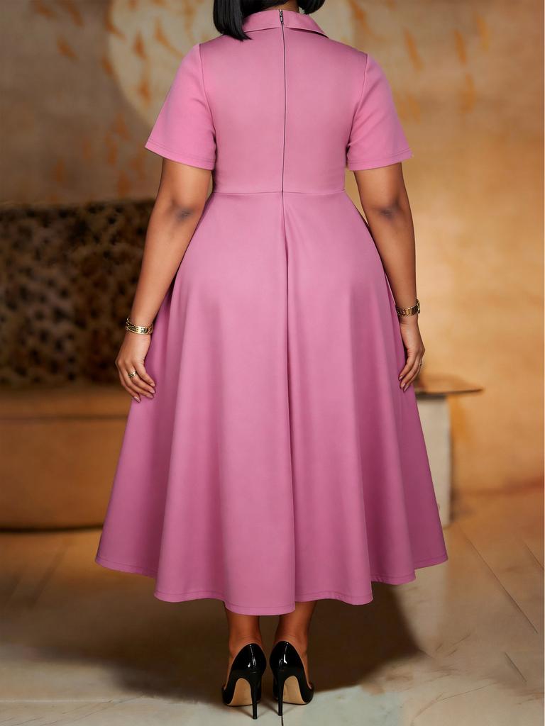AOMEI Plus Size Women's Elegant Lace Panel A Line Midi Dress Short Sleeve Collared Dresses for Church Office Daily Wear