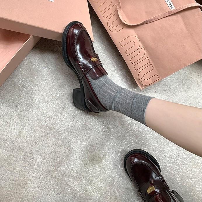 Women's Sheepskin Leather Slip-On Loafers with Chunky Heel and Coin Detail in Grape