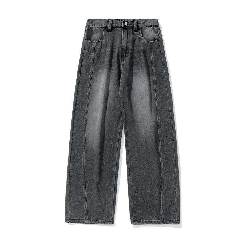 Men Loose Fit Washed Denim Jeans American Vintage Side Split Tapered Long Pants