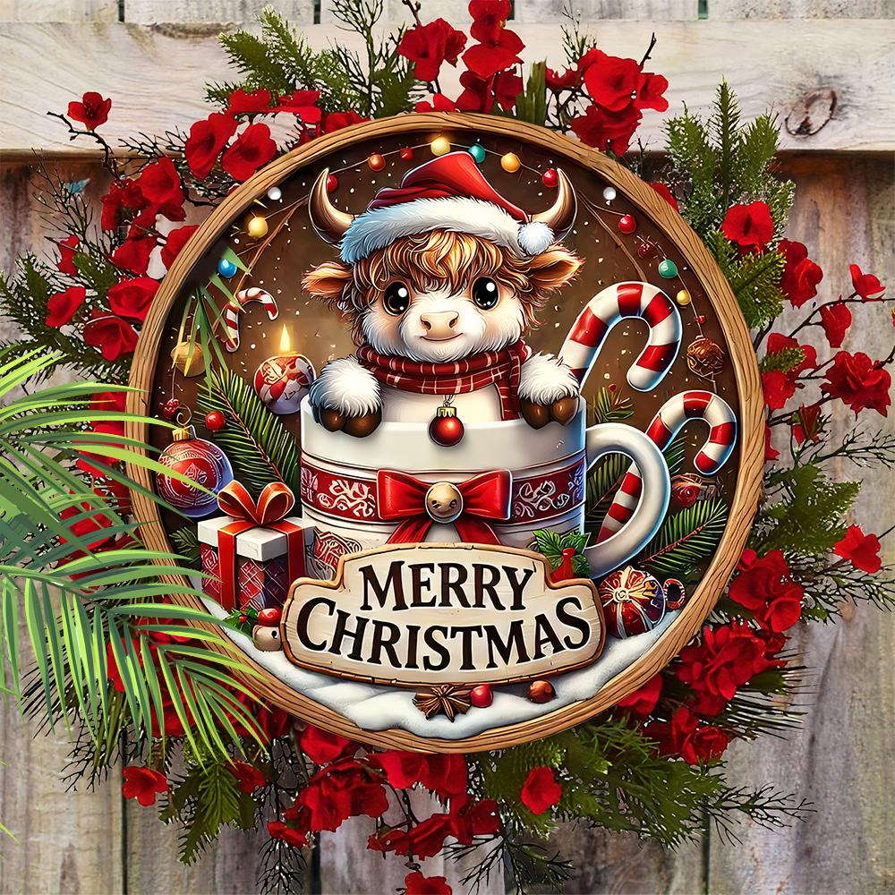 Christmas decoration sign,hanging decorations,2D flat Wooden product with The pattern of a calf in the cup,Christmas gifts for friends and family