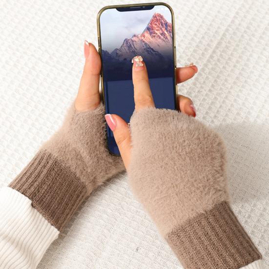 Half Finger Gloves Women Long Fingerless Gloves Fleece-Lined Touchscreen Knitted