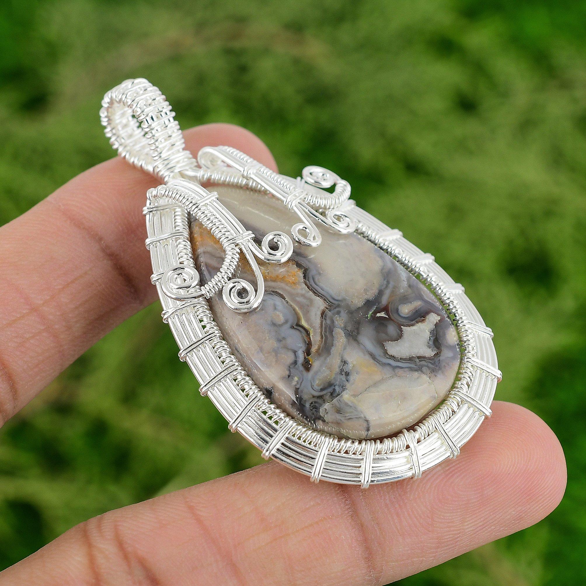 

Porcelain Jasper Gemstone Sterling Silver Art Deco Wire Wrapping Mother Pendant