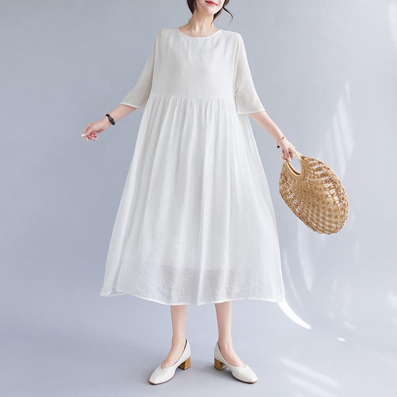 2025 summer new cotton and linen dress fine wrinkle texture double layer yellow fairy dress casual loose dress