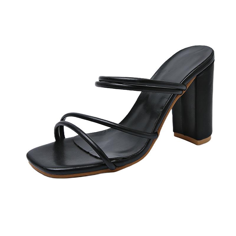

Лето 2025 года, новый стиль, однотонные женские тапочки большого размера с толстым каблуком и квадратной головкой 45 чёрный