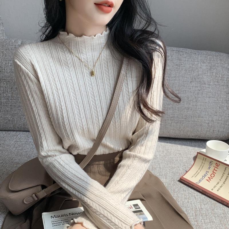 Fresh and fashionable semi-turtleneck fungus edge long-sleeved knitted sweater women's spring age-reducing thin bottoming top