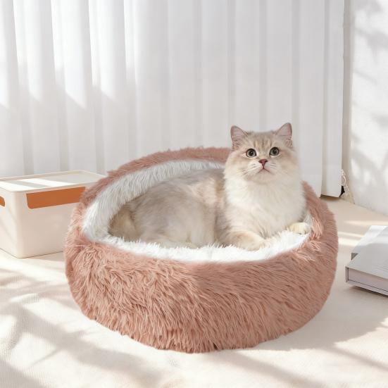 Pet Shell Nest Bed Warm Calming Cat Cave Bed with Hooded Cover Semi Enclosed Fluffy Plush Lined Round Bed for Small Medium Pets