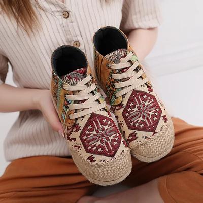 Damen Freizeitschuhe Grasgewebte Flache Espadrilles Bequem Böhmischer Chinesischer Stil Schnürschuhe Mode Nicht-Leder