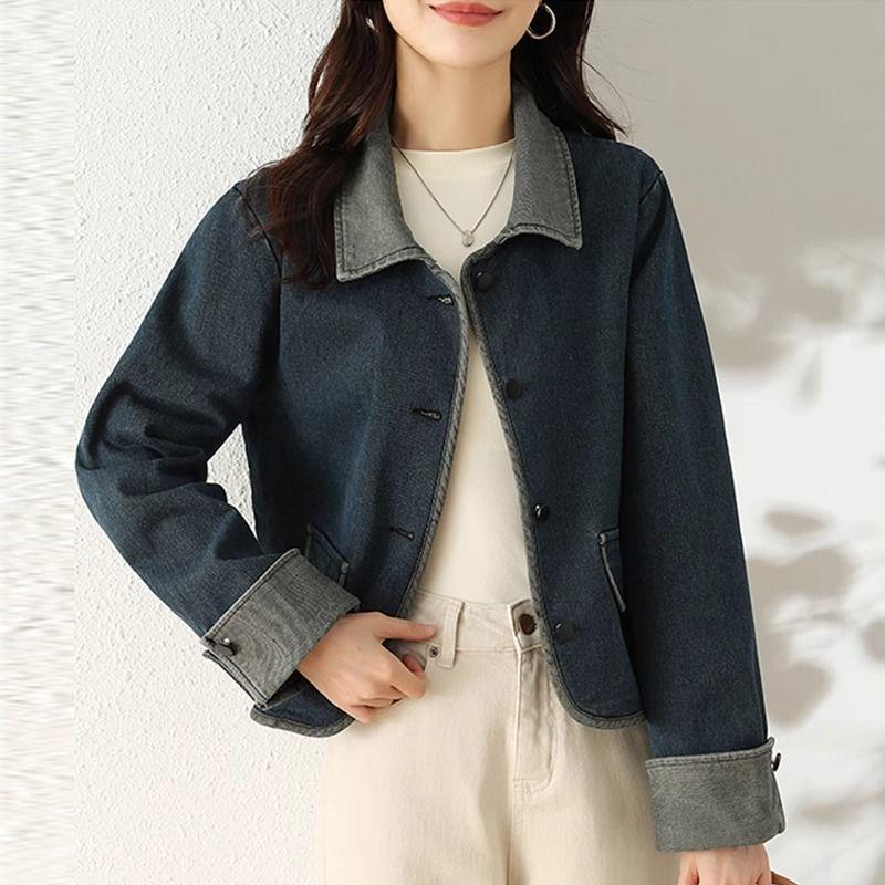 Women s Retro Color Block Denim Jacket - Autumn Long Sleeve Lapel Design L