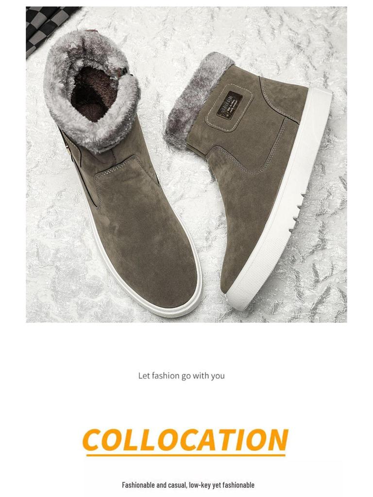 Men's High-Top Snow Boots - Velvet-Lined, Warm Leather, Fur, Slip-On, Winter Cold-Proof.