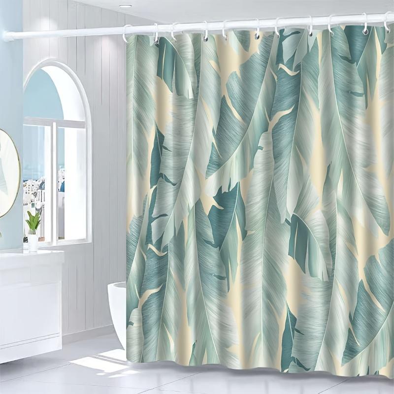 1pc Tropical banana leaf patterned shower curtain, polyester fabric, machine washable, with hooks, suitable for bathroom décor.