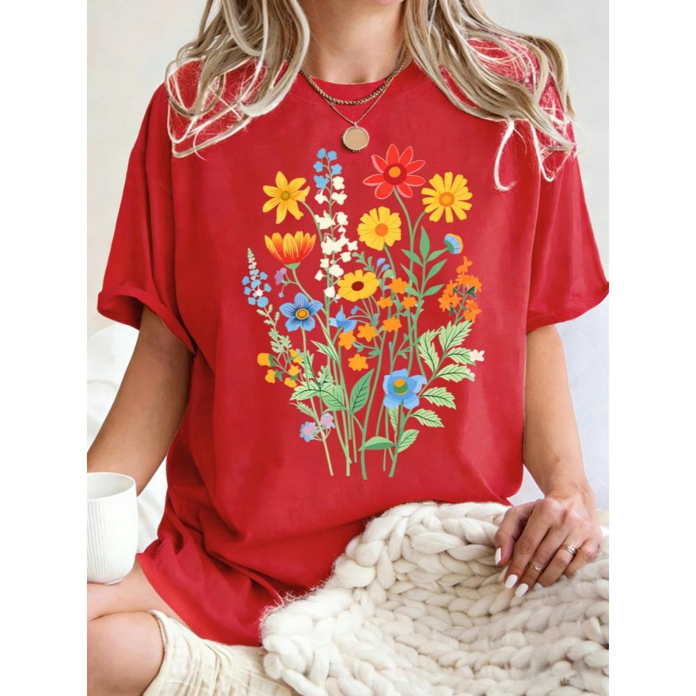 Beautiful Flowers That Grow Vigorously Prints Women T-Shirt Casual Loose T Shirts Cotton Sportswear Crewneck Short Sleeve