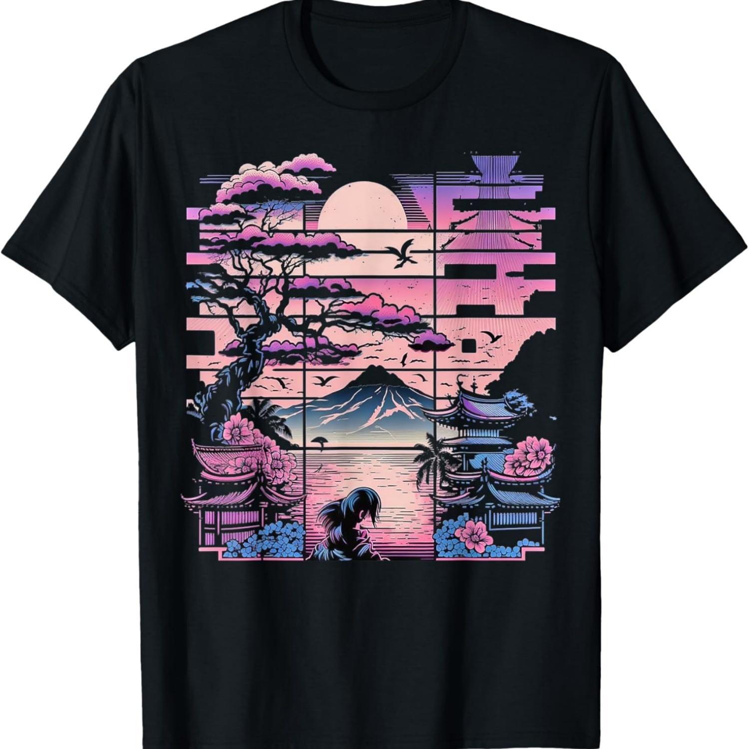 Japan Aesthetic Vaporwave Cherry Blossom Flower T-Shirt S чёрный