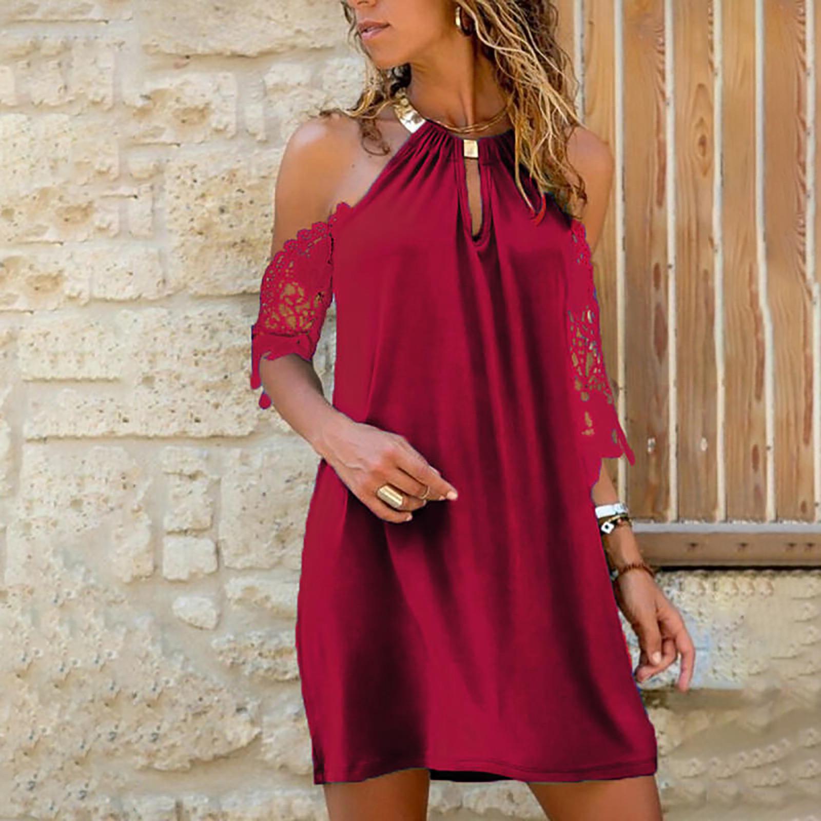 

Женское летнее модное повседневное сплошное цветное кружевное свободное платье с короткими рукавами XL красный