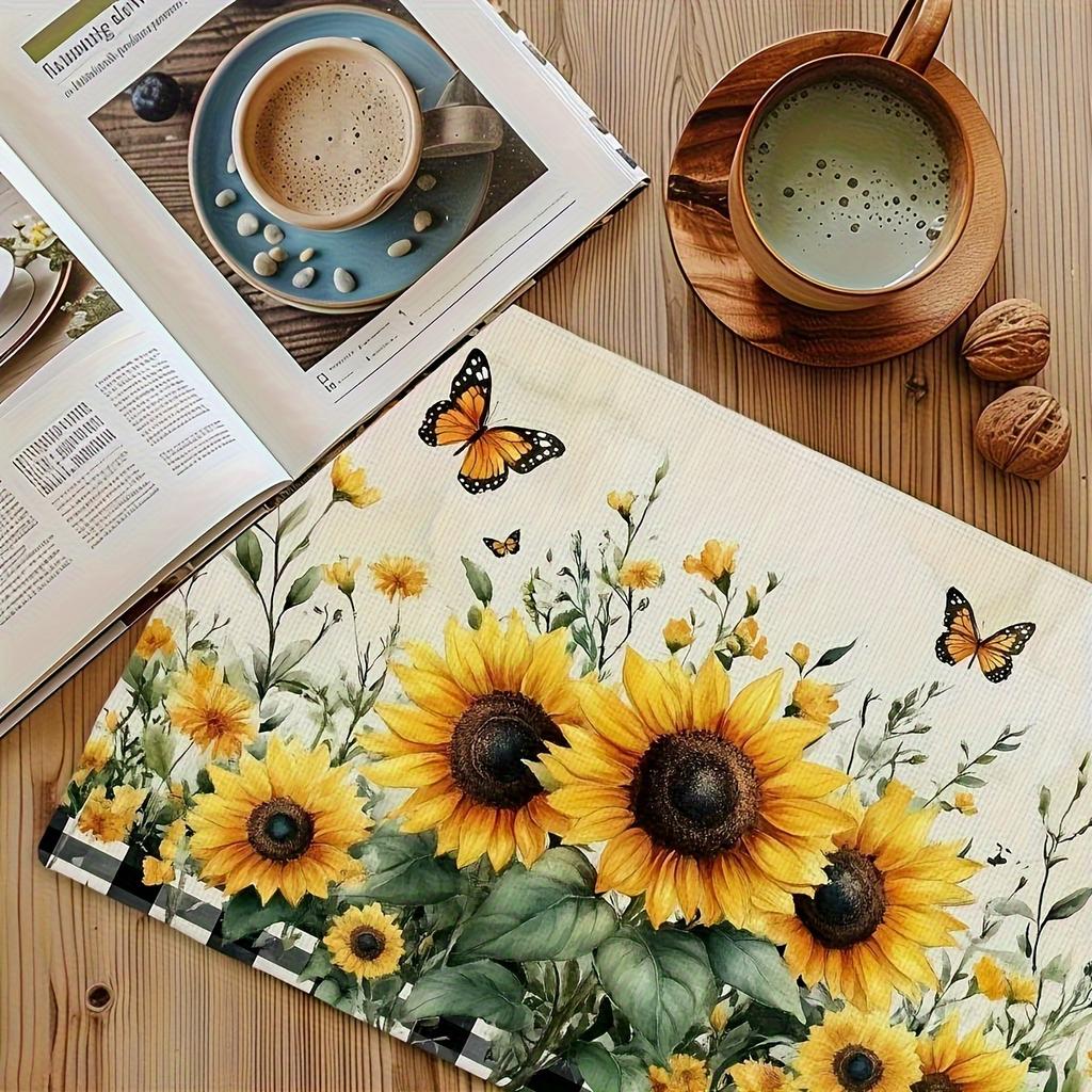 4pcs Rustic Style Sunflower and Butterfly Faux Linen Placemats, 12x18 Inches - Washable Kitchen & Party Table | Machine-Washable Dining Tablescape