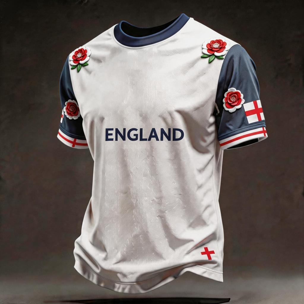 Men's England Supporter Soccer Jersey Short Sleeve Crew Neck Football Fan Tee with Graphic Print and Contrast Sleeves for World Cup Events