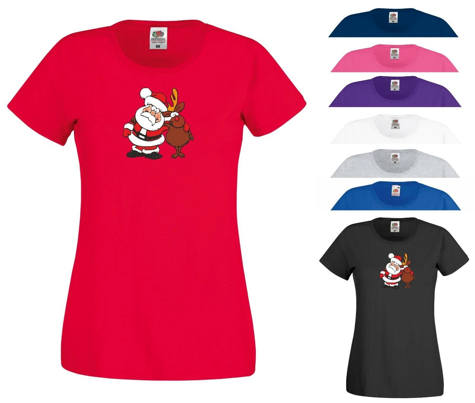 

Santa Claus Rudolph T Shirt Red Nose Reindeer Christmas Xmas Gift Women Tee Top S