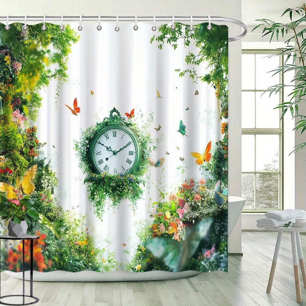 Clock Theme Shower Curtain - Lifelike Butterflies, Flowers & Plants, Green Clock Design, Polyester Bathroom Decor, 12 Hooks