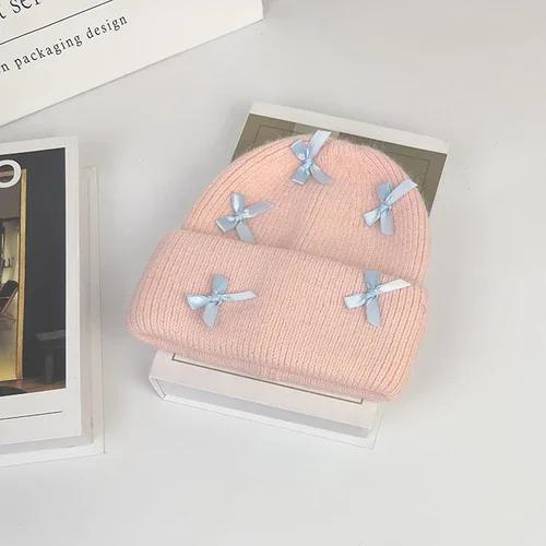 New Angora Rabbit Fur Bow Winter Hat For Women Knitted Fluffy Beanie Ladies Fashion Warm Plush Skull Womens Thick Fleece Hat Y2K