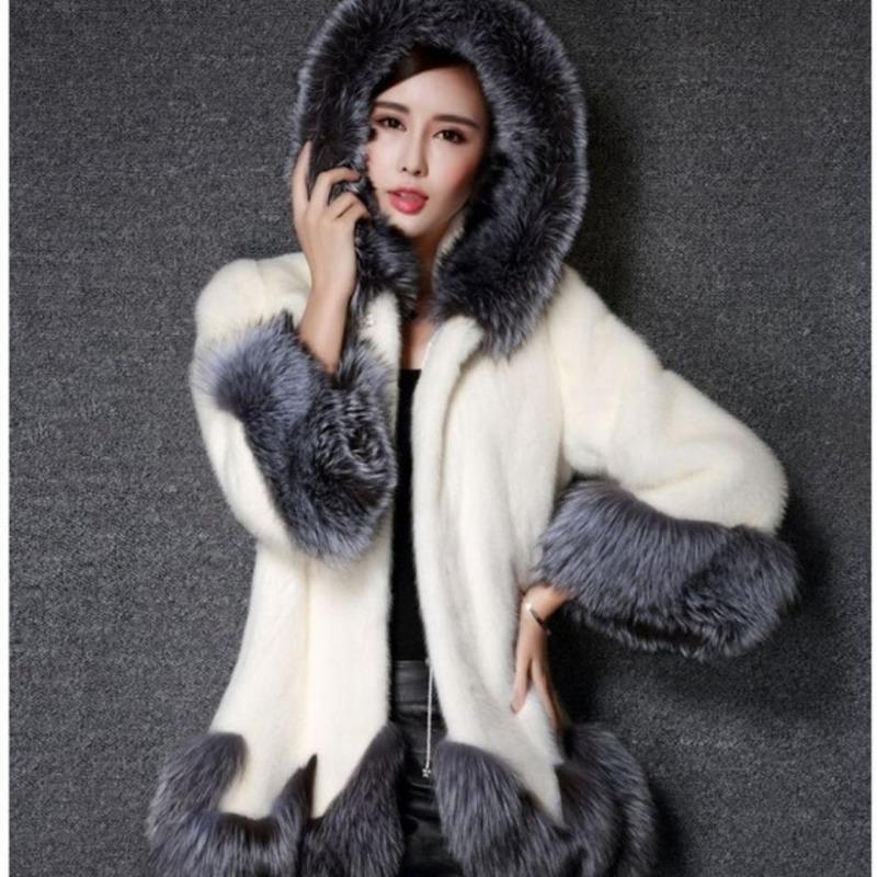 Imitation Fur New Fashion Imitation Mink Imitation Fox Fur Women's Coat Slim Hooded Medium and Long Coat
