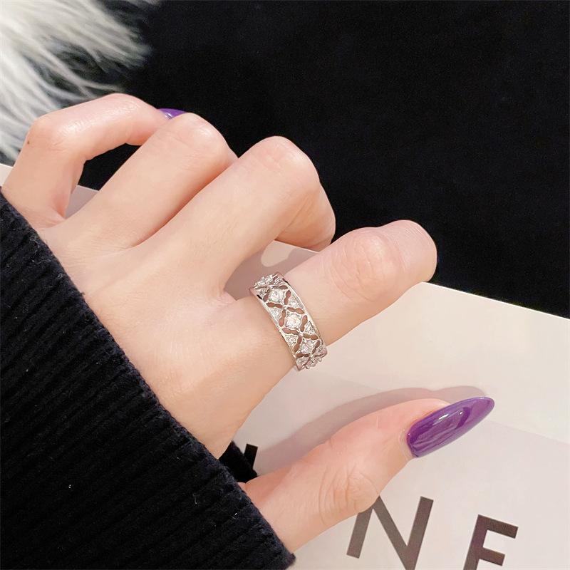 New Xiaoxiangfeng Rhombus-Shaped Woven Zircon-Inlaid Open Ring, Light Luxury, High-End, Niche Design, Simple Jewelry Women