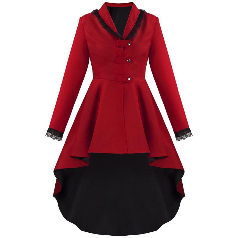 

Medieval Retro Long Coat with Irregular Hem Swallowtail Design, Unique Buttons, Lace Trim Trench Coat Cosplay Outfit Red XL