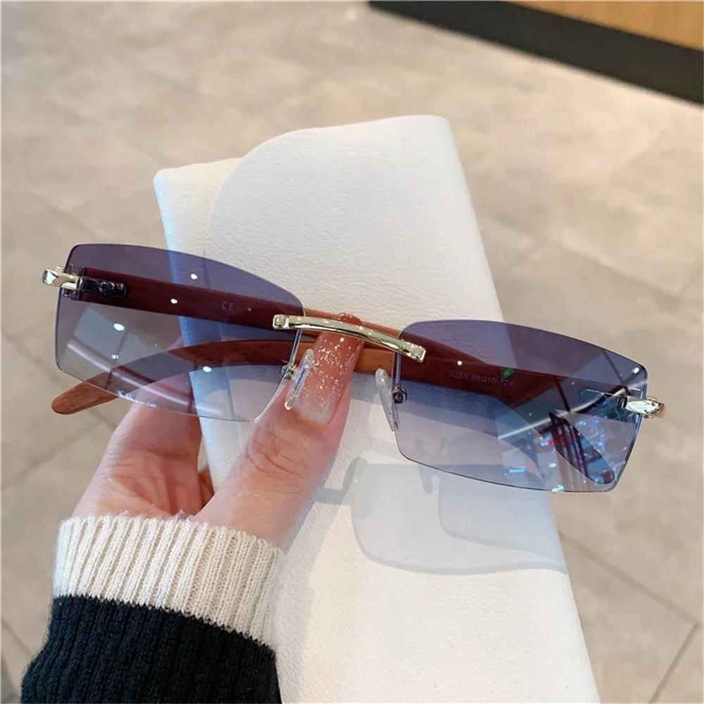 Prostokątne okulary przeciwsłoneczne bez oprawek dla kobiet mężczyzn Gangster 90s bezramowe odcienie Retro Vintage modne okulary z drewnianą ramką
