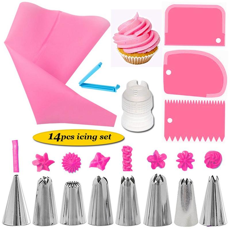 14pcs Cake Decorating Kit Piping Tips Silicone Pastry Icing Bags Nozzles Cream Scrapers Coupler Set DIY Cake Decorating Tools
