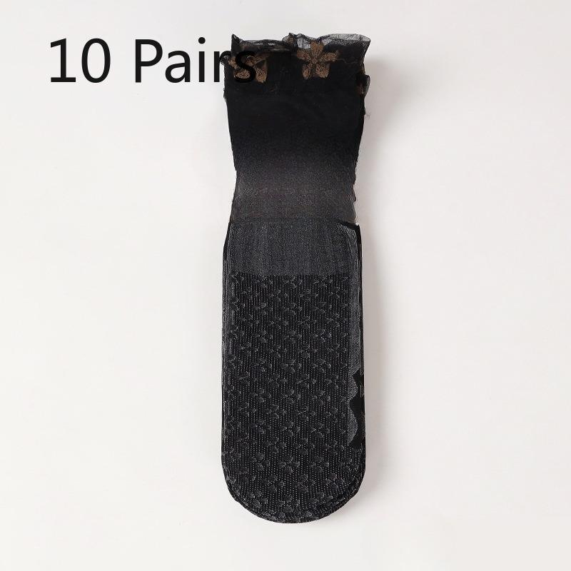 

10 пар женских летних ультратонких хлопковых носков-подследников из шелка с защитой от зацепок и кристаллами 1 pair чёрный