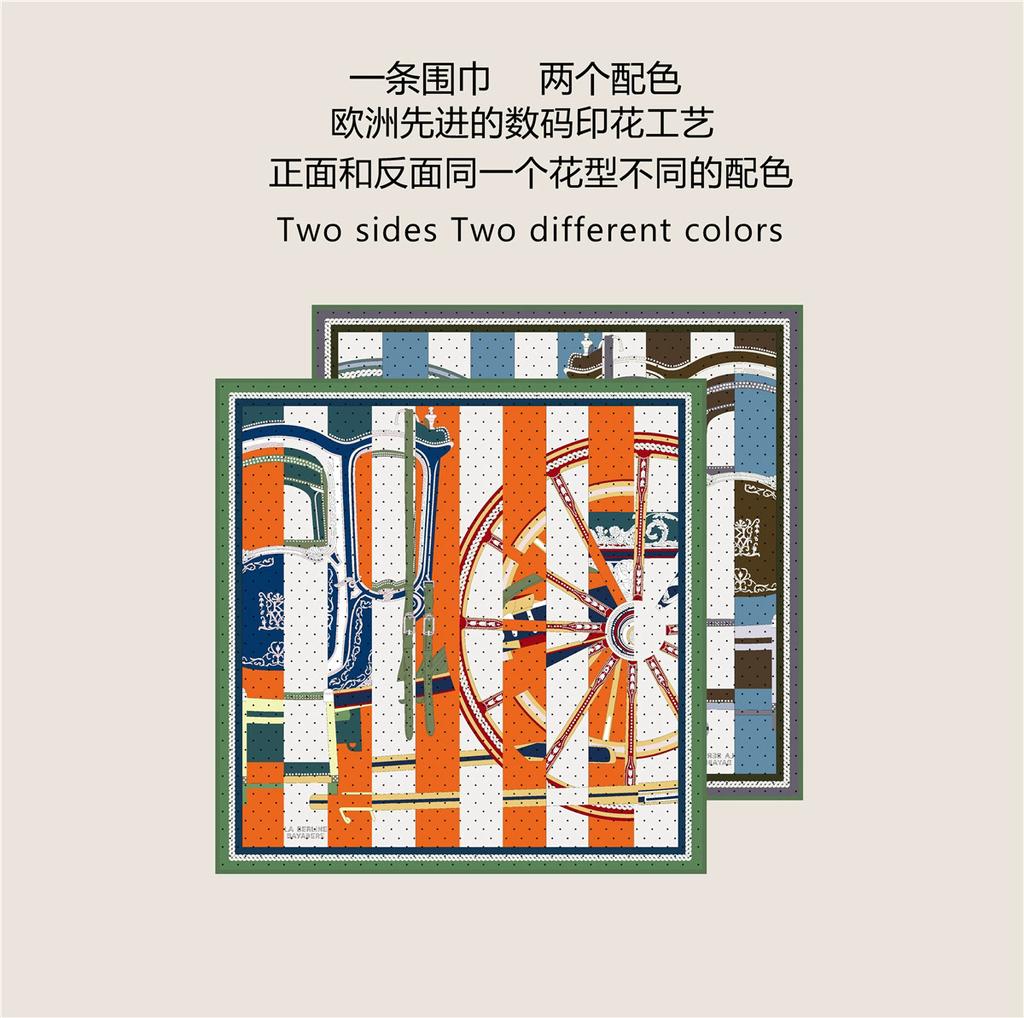 Brand Silk Scarves Wraps Wheel Printed Twill Silk Scarf Women Shawls Luxury Design Hijab Fashion Square Curled Scarf Neckerchief