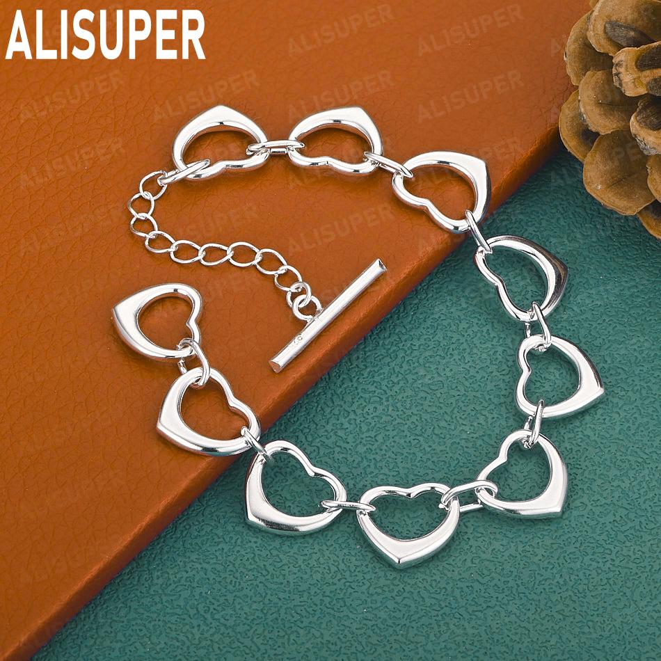 925 Sterling Silver Openwork Heart Side Chain Romantic Bracelet Gift Jewelry 20CM