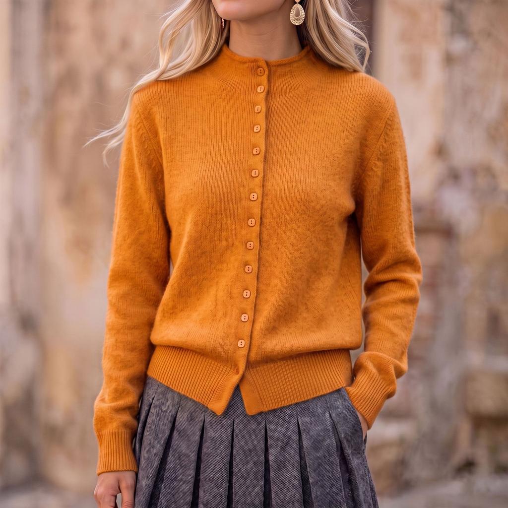 Women's Casual Color Knit Cardigan Sweater with Stand Collar and Button Front