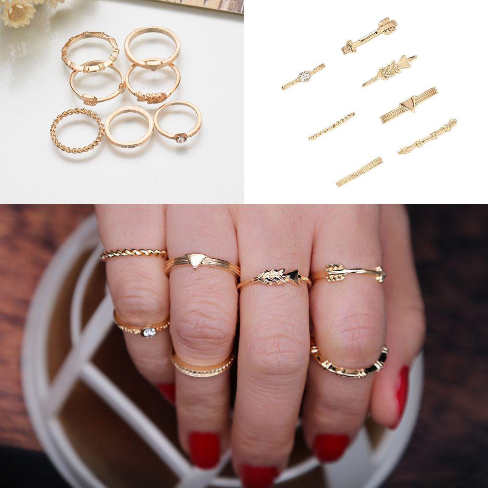 

7 шт. Мода Женская вечеринка Золотой цвет Миди Кольцо для пальцев Набор Пляжные украшения Геометрия Стрела Костяшка