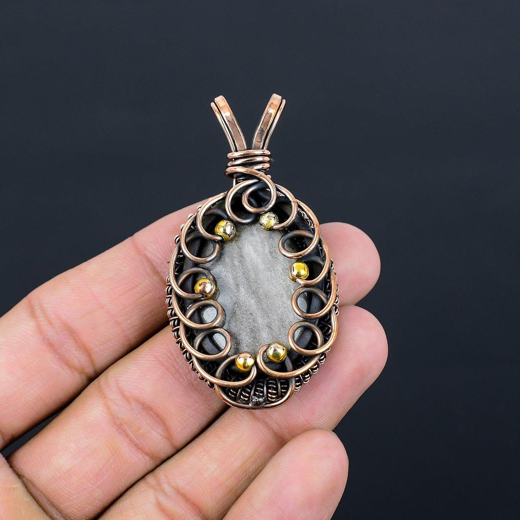 Silver Sheen Obsidian Gemstone Pure Copper Wire Wrapped Handmade Jewelry Pendant For Her