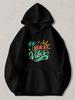 Black Pullover Hoodie with Beach Vibes Graphic Featuring Palm Tree Sun And Wave Design Casual Long Sleeve Sweatshirt for Summer Va