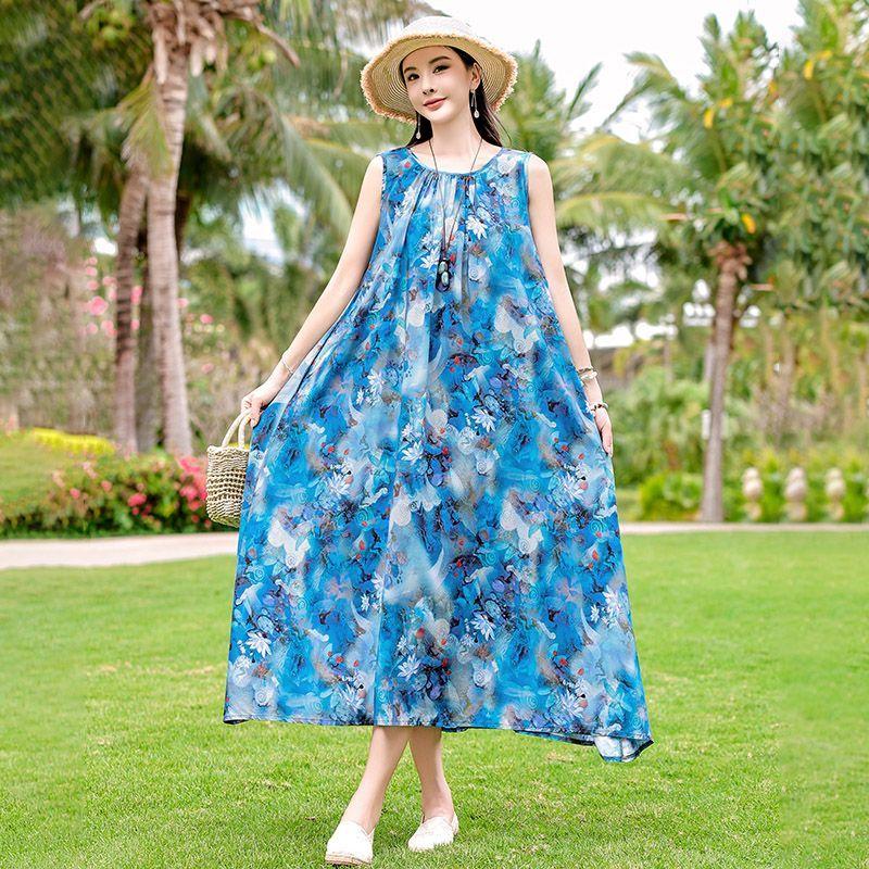 Sleeveless Cotton Dress Summer Loose Plus Size Slimming Vest Vacation Long Dress Elegant Beach