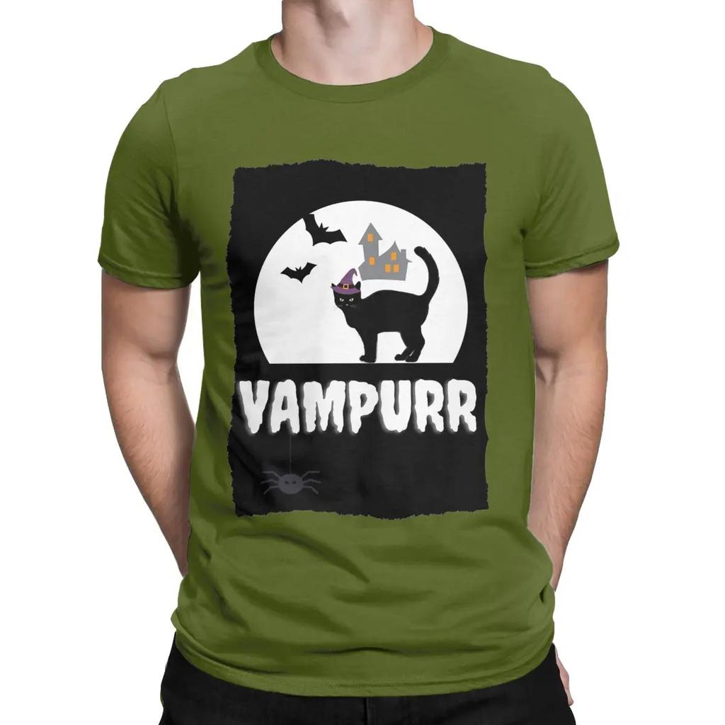 VAMPURR Halloween Bat Cat T-Shirts for Men Funny Pure Cotton Tees Round Neck Short Sleeve T Shirt Adult Tops