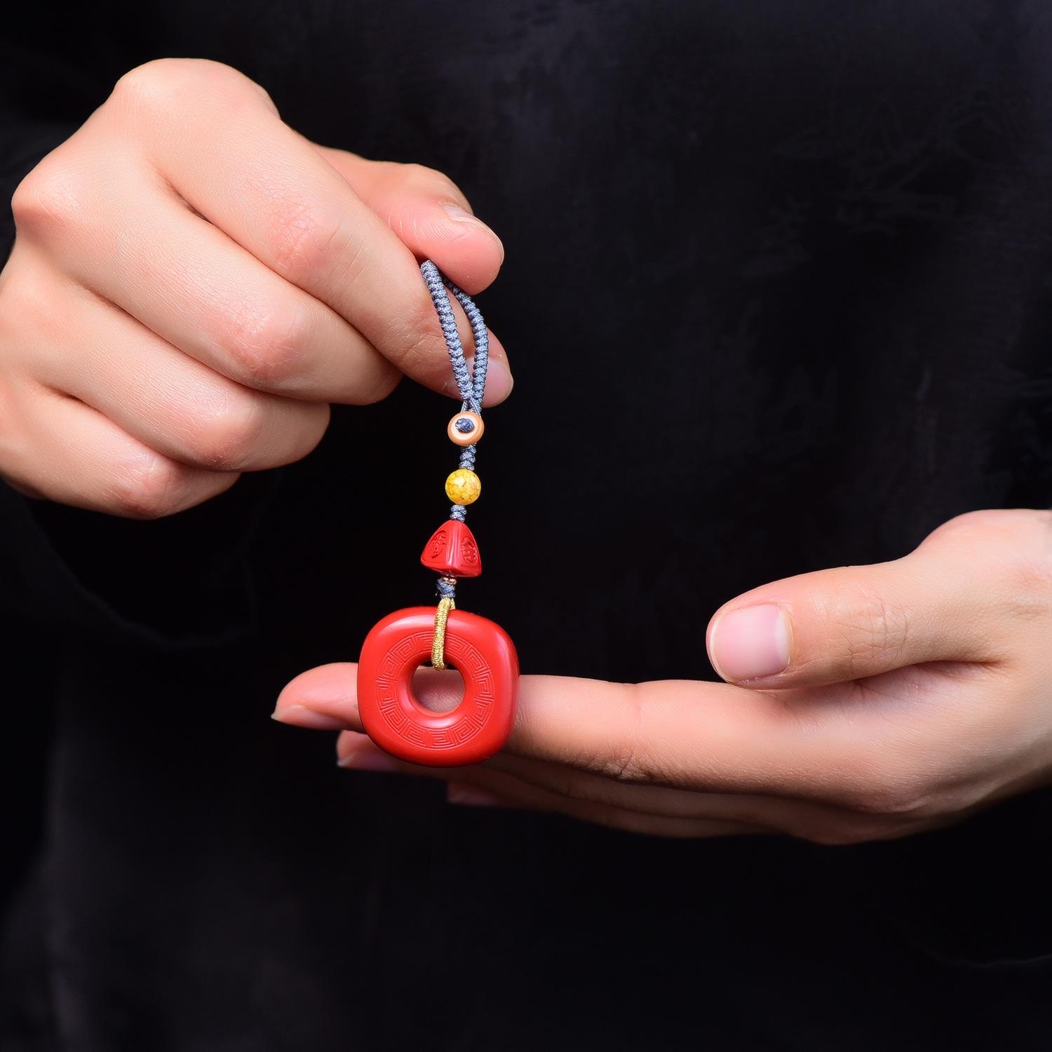 Cinnabar Tassel Square Pendant Ornament – Original Design DIY Keychain Accessory High-content Cinnabar (Approx. 75%-80%)