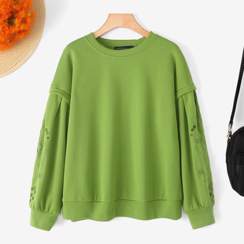 ZANZEA Women Casual Embroidered Splice Long Sleeve Loose Pullover Tops